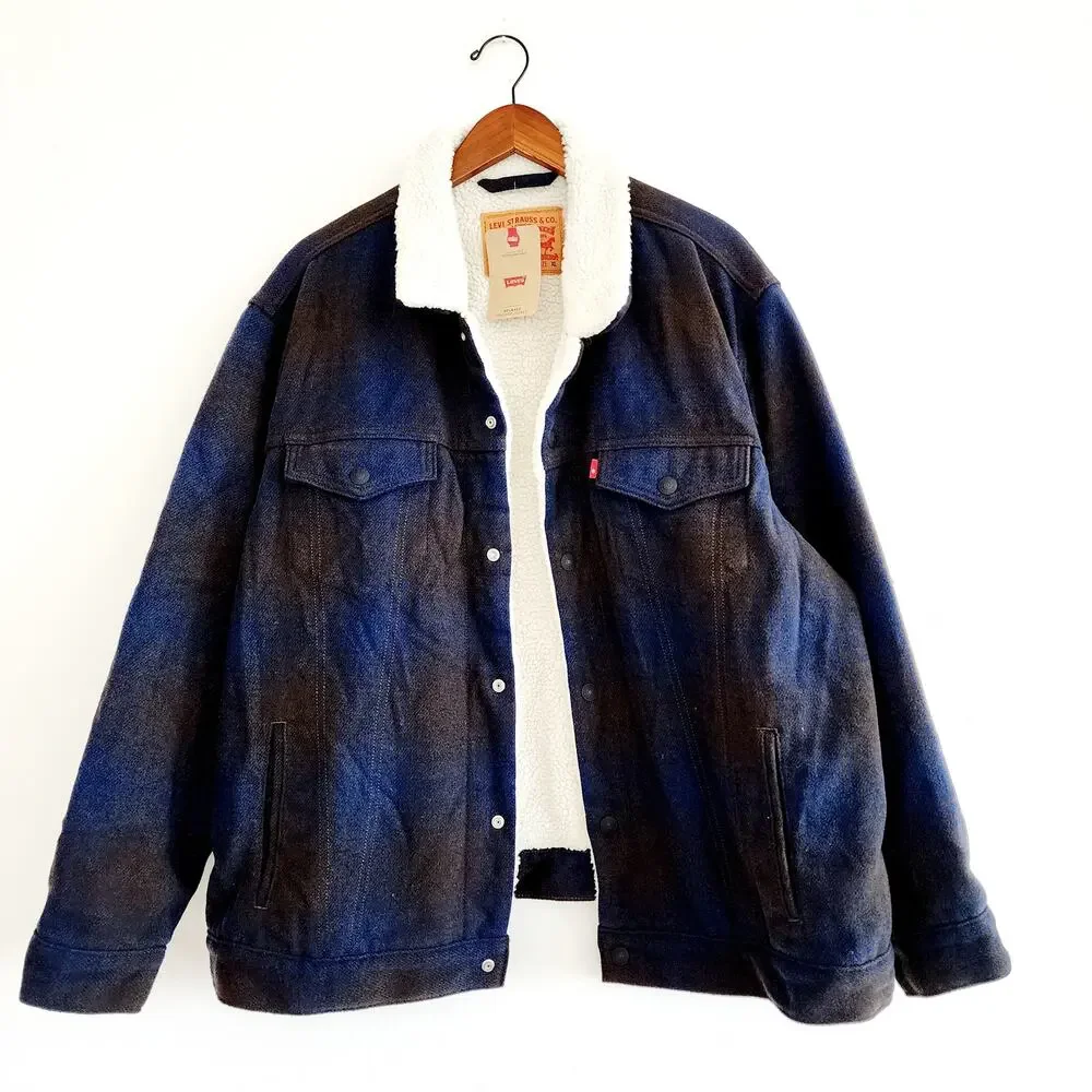 Levi's Men's XL Brown & Blue Plaid Flannel Sherpa Lined Trucker Jacket